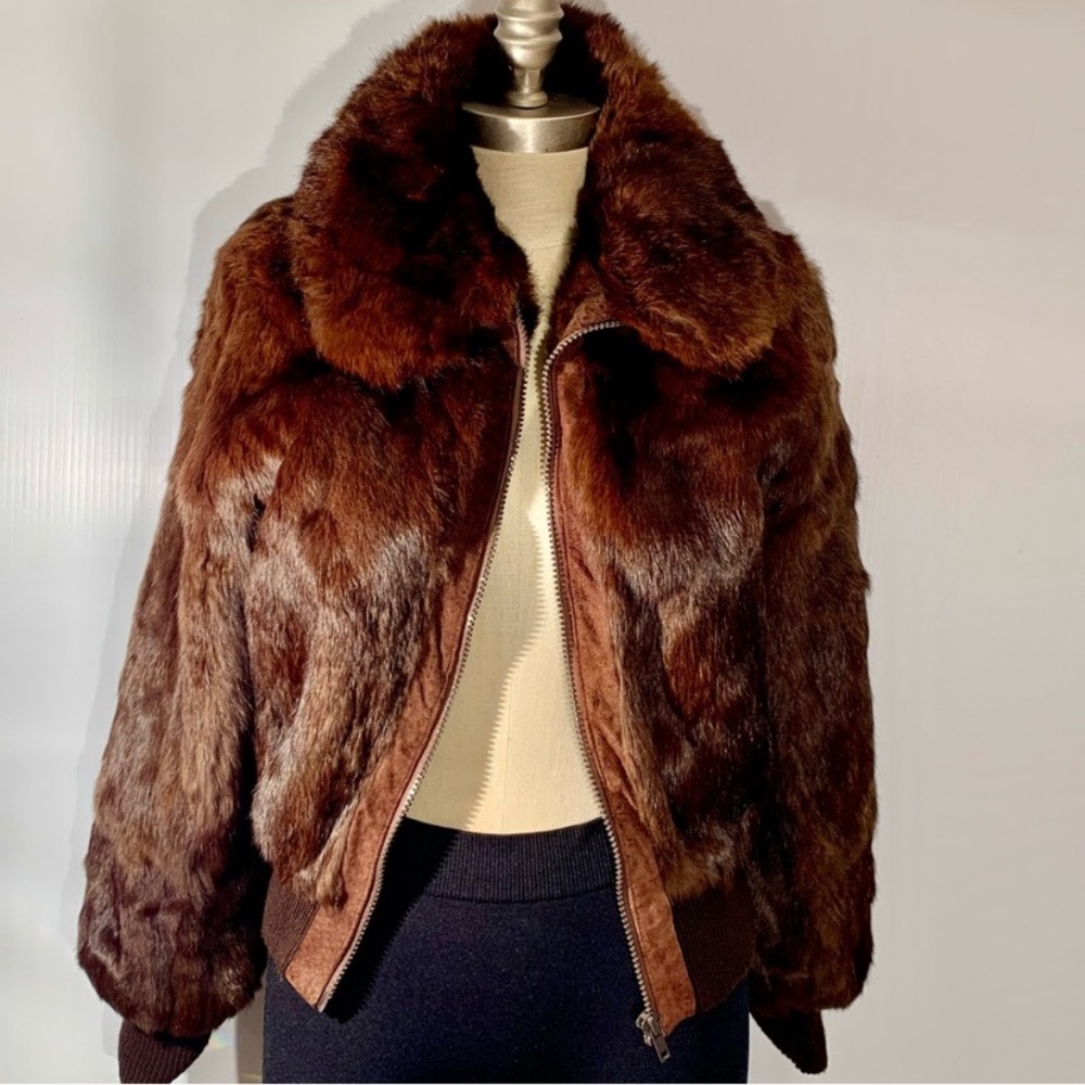 Bomber Jacket Genuine brown Rabbit Fur - Picture 5 of 12